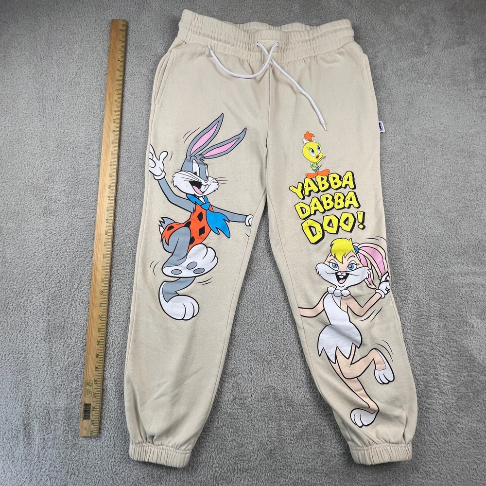 Warner Bros Sweatpants Unisex Large Tan‎ Looney Tunes Flintstones Mashup Joggers